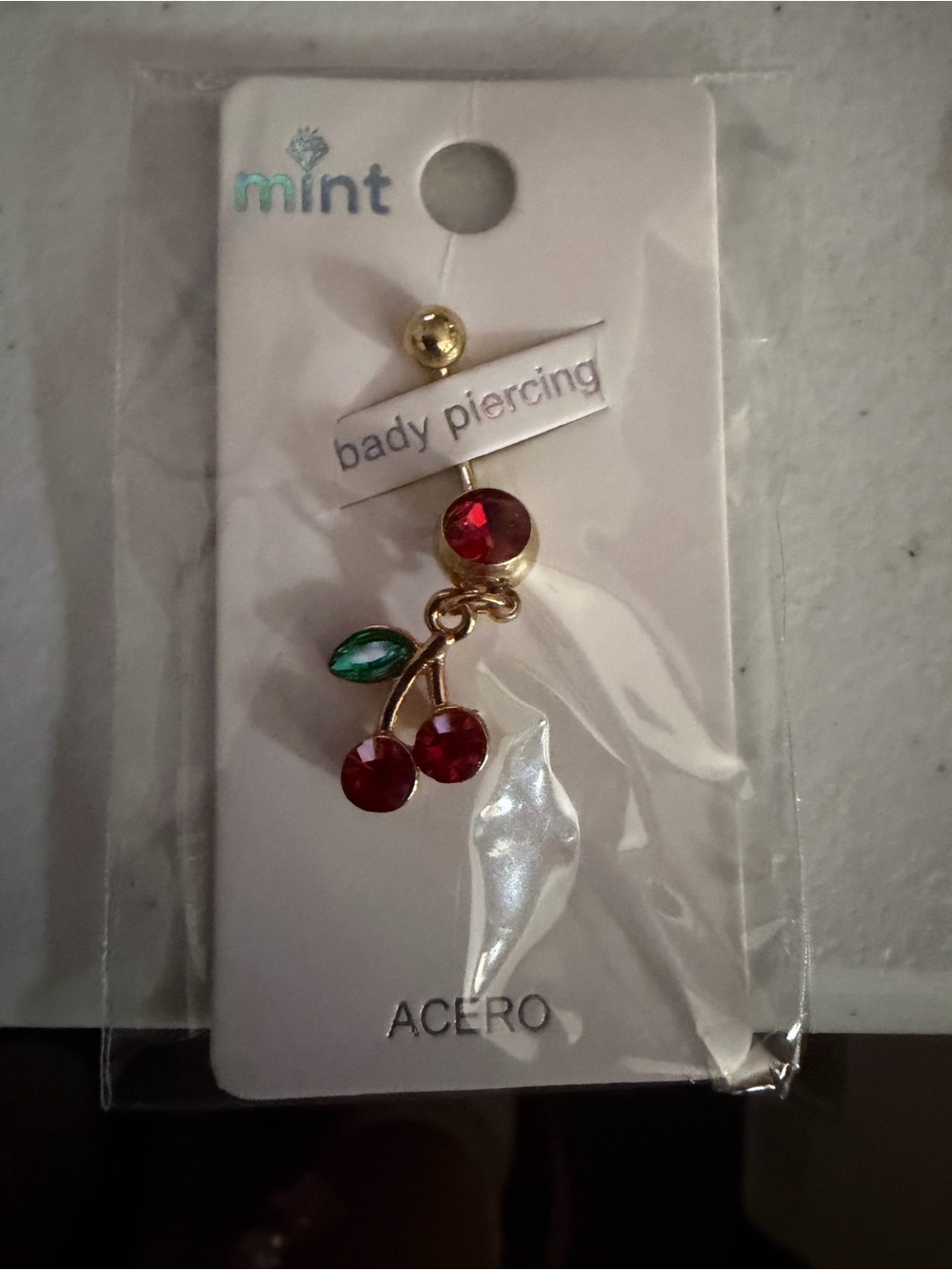 Mint Gold-Tone Cherry Dangle Earrings with Red and Green Stones
